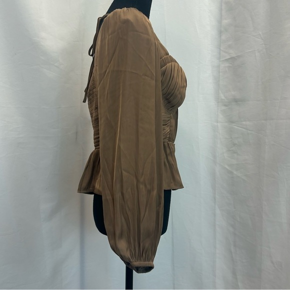 Joie tan satin corset button balloon puff sleeve cut out tie back blouse S NWT - Picture 4 of 11